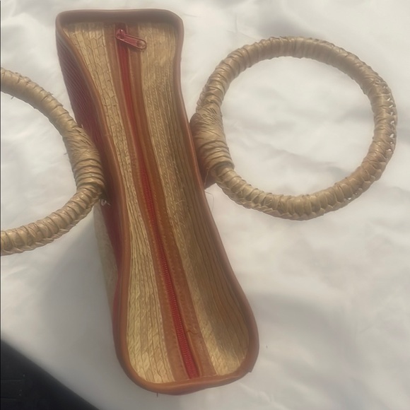 Vibrant Red and Tan Woven Tote with Basket Shape - Picture 3 of 6